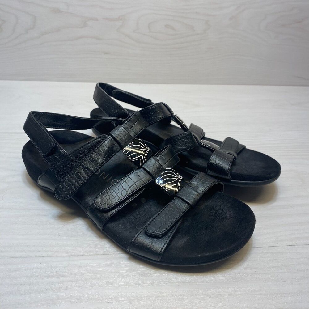 Vionic Amber Sandals Women's Size 7 Black Croc Embossed Adjustable Backstrap